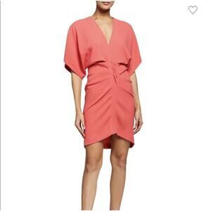 IRO Coudert Dress‎ Hot Coral Mini Gathered Pleated Short Sleeve Size 2